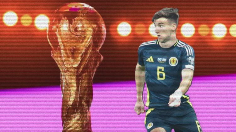 Kieran Tierney in action during Scotland's 2026 World Cup qualifier against Greece, a general view of the World Cup trophy at an awards event