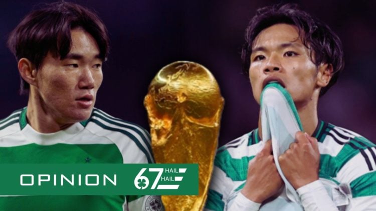 Hyunjun Yang during a Celtic Scottish Premiership game, Reo Hatate looks frustrated after Celtic vs Kairat Almaty in the Champions League, a genera...
