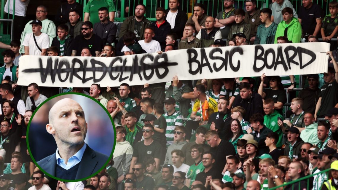 Image of Celtic fans demonstrating against the Celtic board with an overlay of former Rangers coach Alex Rae looking up at them.
