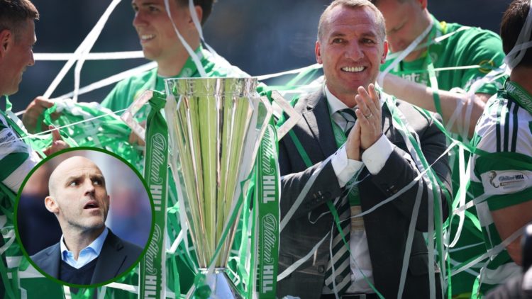 Image of Celtic boss Brendan Rodgers celebrating winning the Scottish Premiership with former Rangers coach Alex Rae looking up sadly.