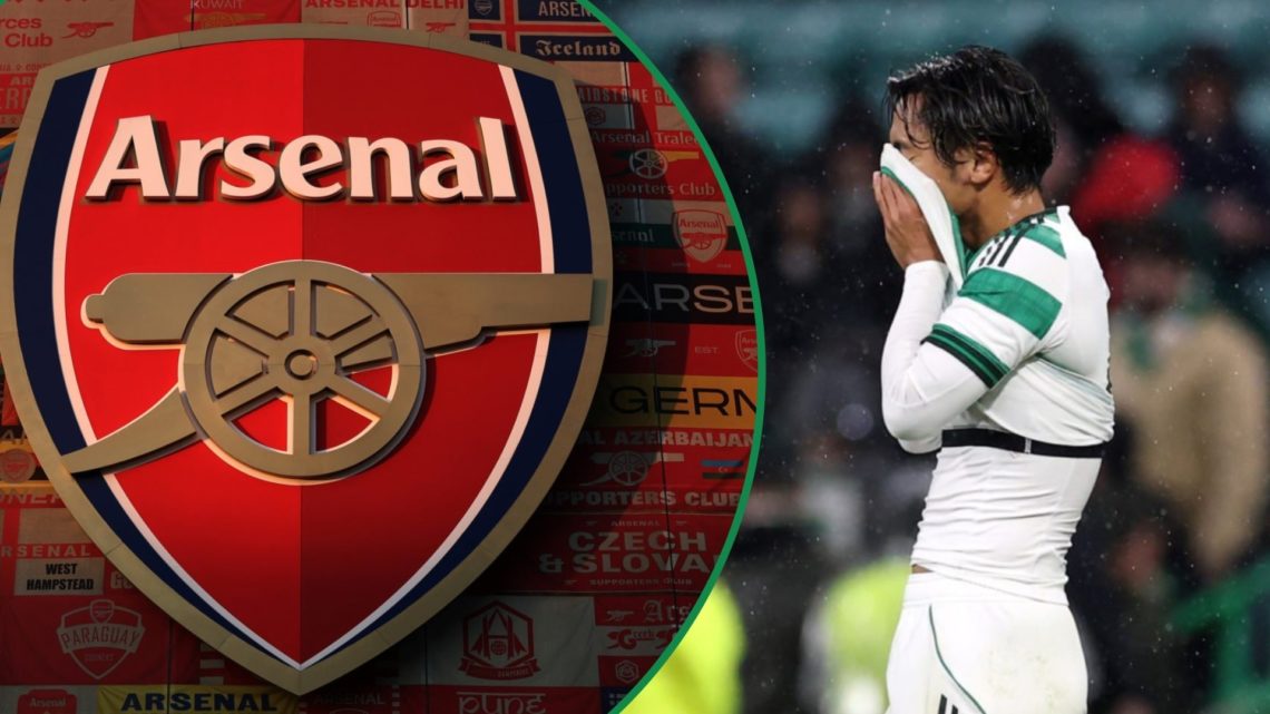 Arsenal badge on Emirates Stadium left and Celtic's Reo Hatate reacts during Braga defeat right