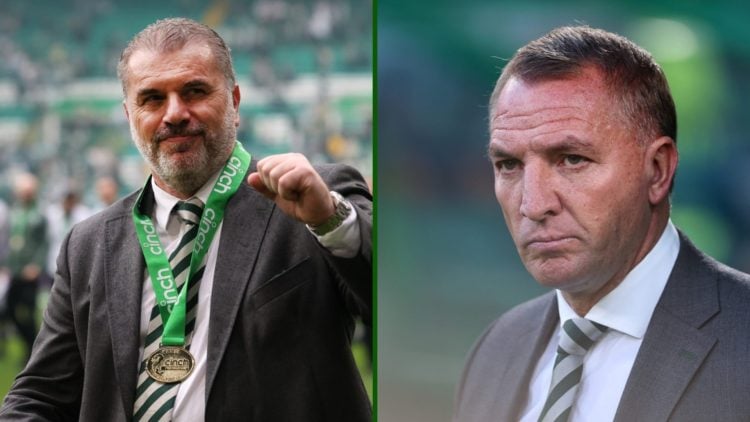 Split image of Nottingham Forest boss Ange Postecoglou celebrating a Celtic title win and Celtic boss Brendan Rodgers.