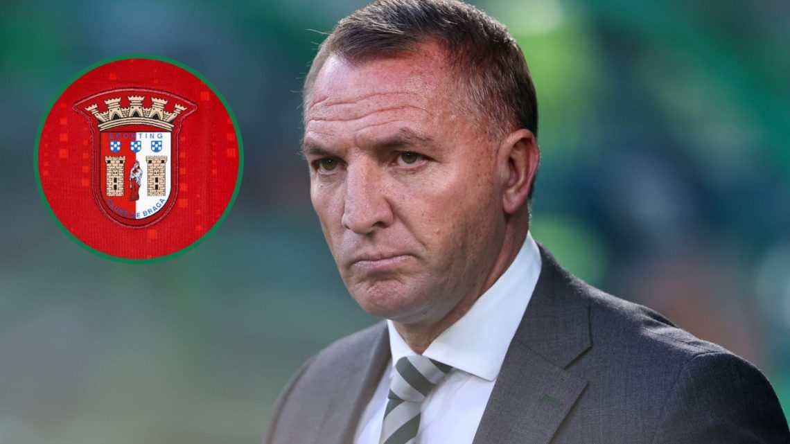 Brendan Rodgers watches on before Celtic vs Kairat Almaty in the Champions League play-off, an inset of a detailed view of the SC Braga badge