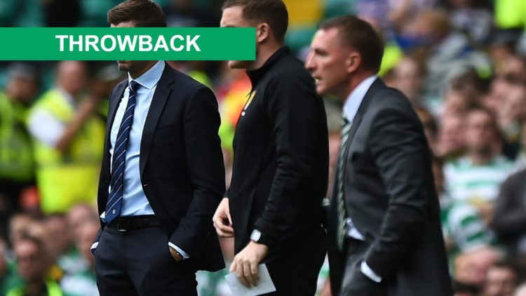 Image of Steven Gerrard at Rangers on the Celtic Park touchline alongside Brendan Rodgers