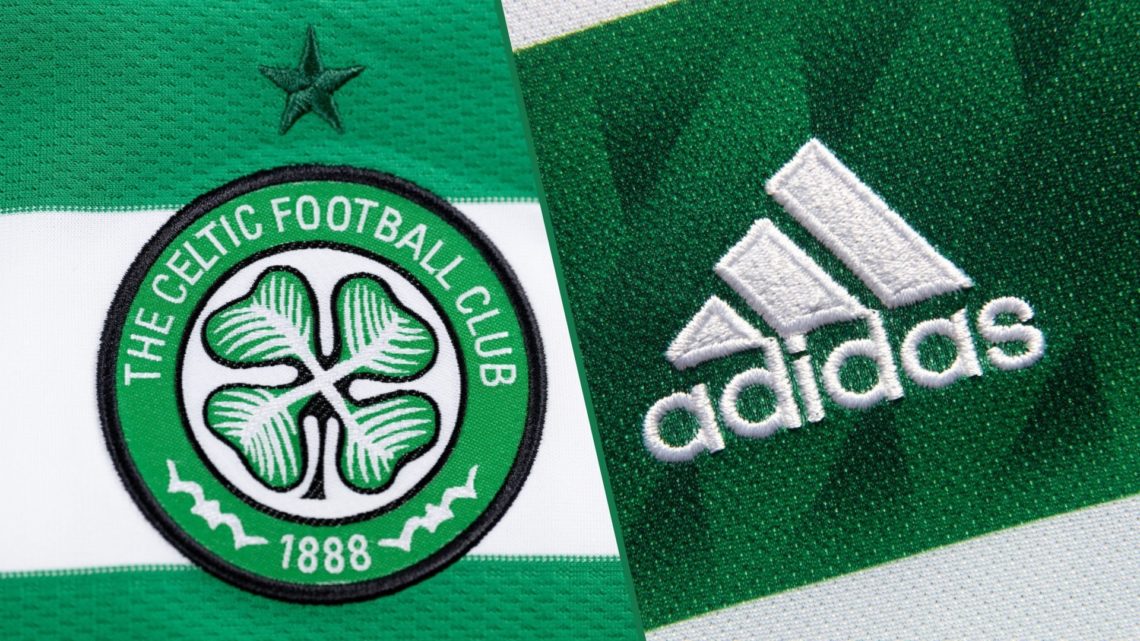 A detailed view of the Celtic badge on the home shirt, a detailed view of the Adidas badge embroided on the Celtic kit