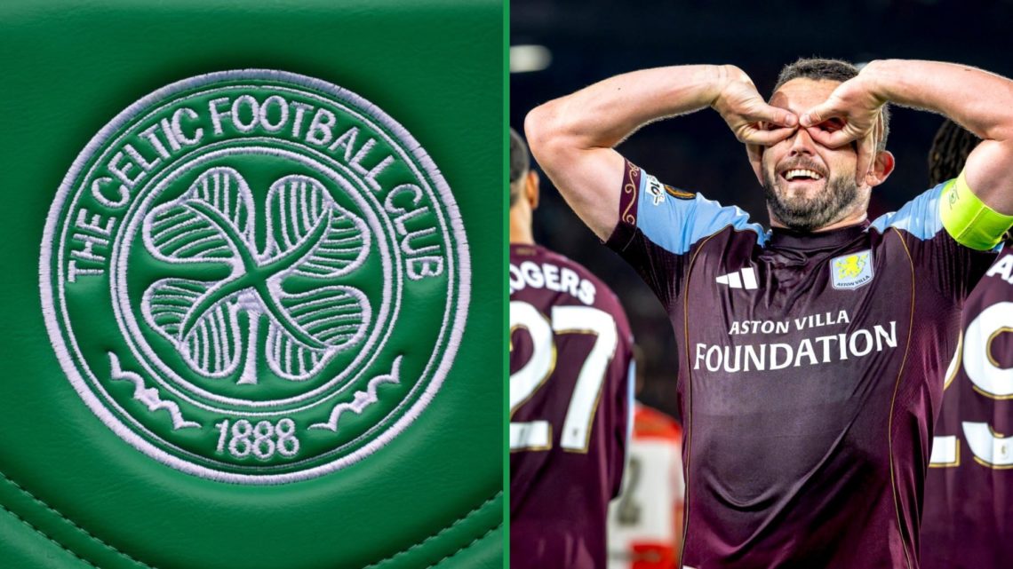 Celtic badge shown on dugout seat left and Aston Villa's John McGinn celebrates goal vs Feyenoord right