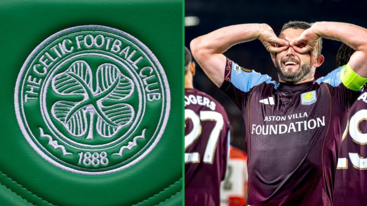 Celtic badge shown on dugout seat left and Aston Villa's John McGinn celebrates goal vs Feyenoord right