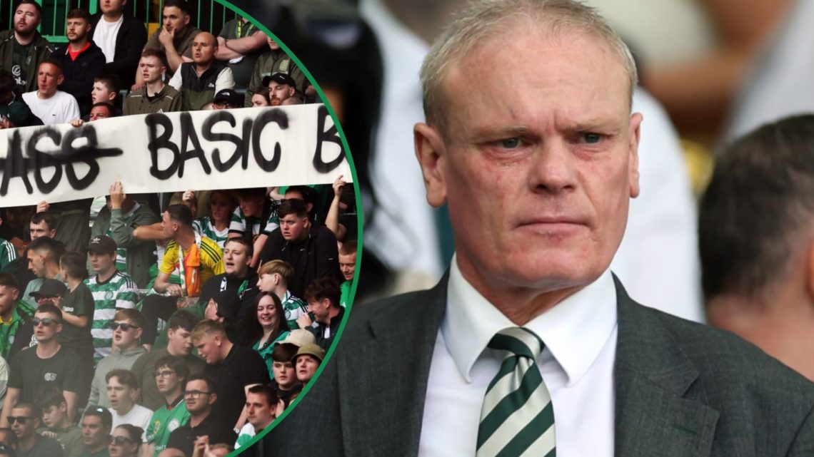 Celtic fans hold up banner protesting against board left and Celtic's Chief Financial Officer Chris McKay at Celtic Park right