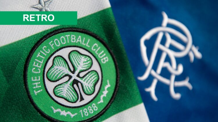 The bagdes of Celtic and Rangers on their respective home kits