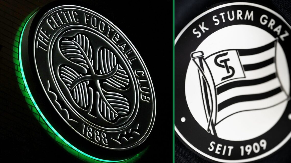 Split image of the Celtic (left) and Sturm Graz (right) badges