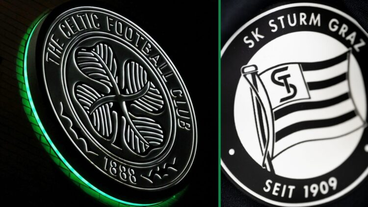 Split image of the Celtic (left) and Sturm Graz (right) badges