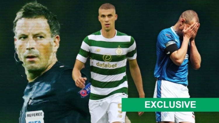 Mark Clattenburg officates a Champions League game, Jozo Simunovic carries the ball during Linfield vs Celtic, Kenny Miller looks dejected after Ra...