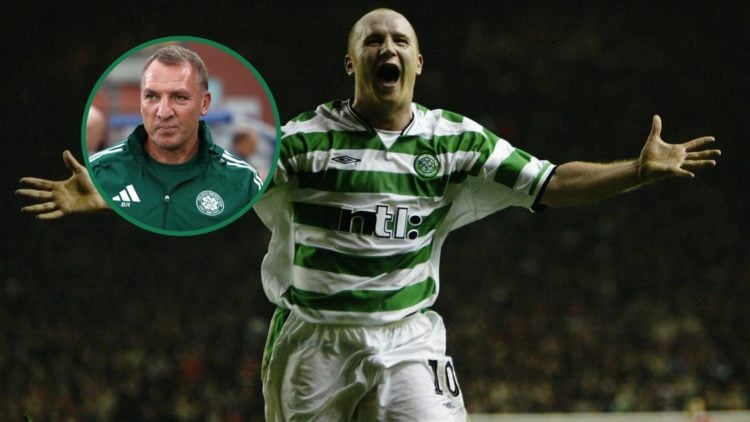 John Hartson celebrates scoring a goal for Celtic, an inset of Brendan Rodgers arriving before Celtic vs Al Ahli