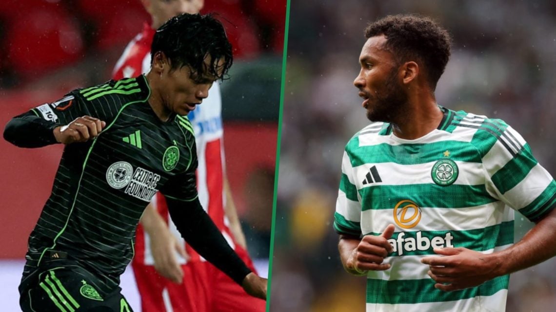 Reo Hatate on the ball during Red Star vs Celtic left and Celtic's Auston Trusty in action vs Newcastle United