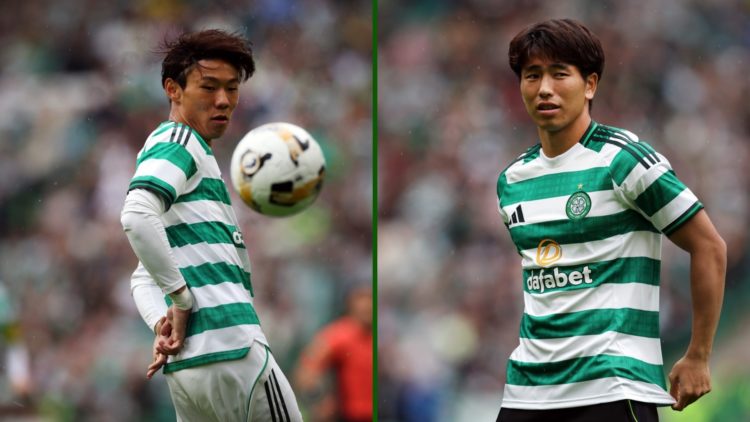Split image of Shin Yamada being unveiled at Celtic Park and Hayata Inamura in action for Celtic.