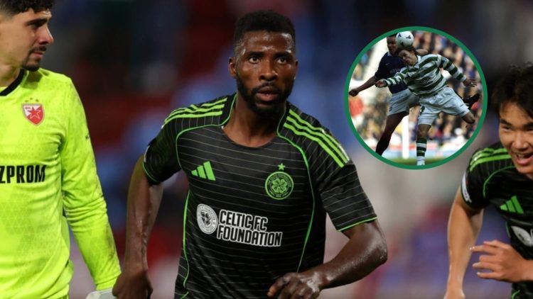 Kelechi Iheanacho in action for Celtic vs Red Star Belgrade, an inset of Simon Donnelly of Celtic takes on Rangers player Jonas Thern