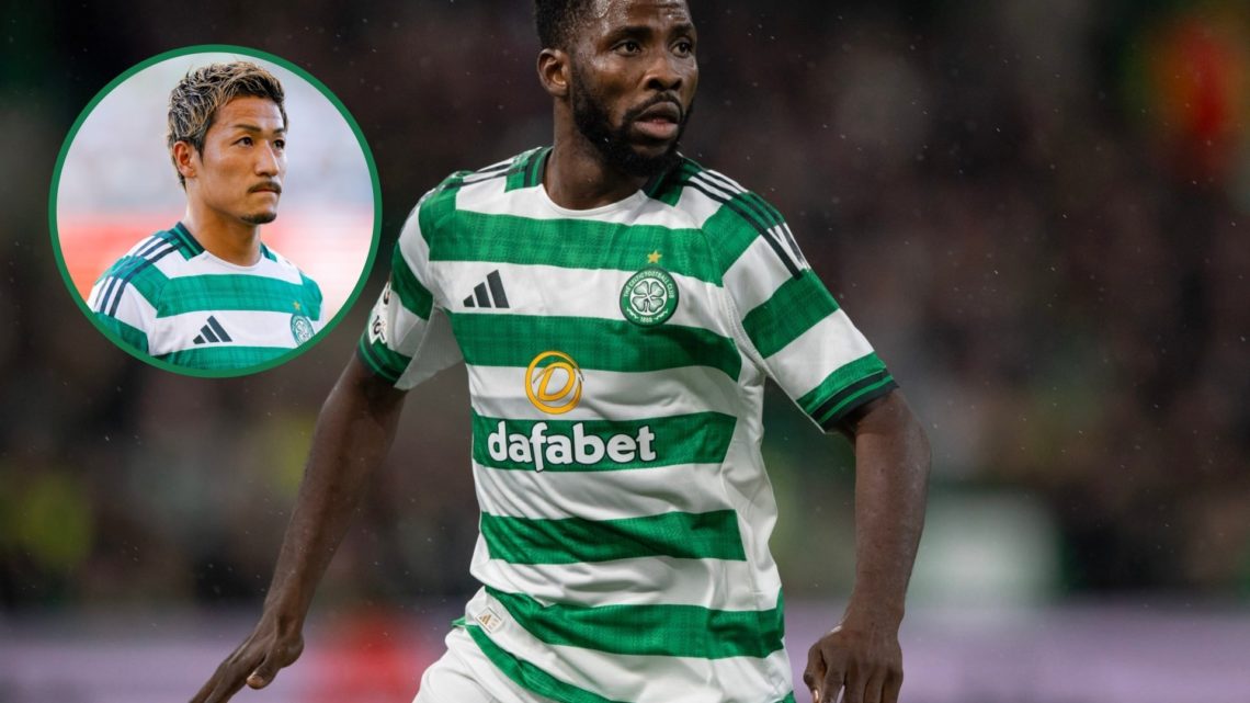 Kelechi Iheanacho during Celtic vs Braga in the Europa League, an inset of Daizen Maeda during Celtic's Champions League game vs Kairat Almaty