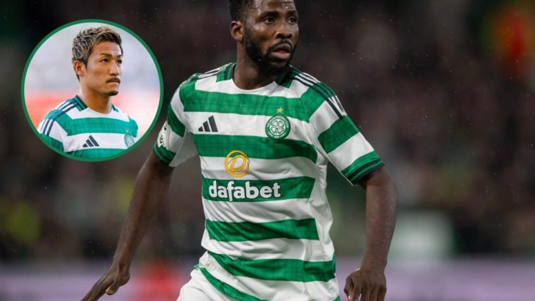 Kelechi Iheanacho during Celtic vs Braga in the Europa League, an inset of Daizen Maeda during Celtic's Champions League game vs Kairat Almaty