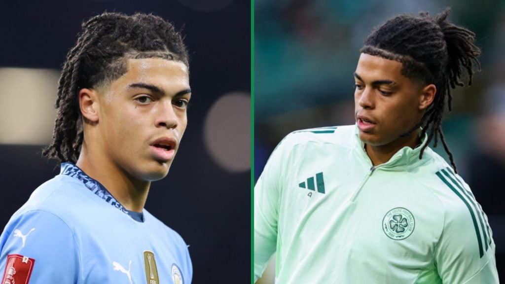 Jahmai Simpson-Pusey in action for Man City left and right warming up for Celtic at Celtic Park
