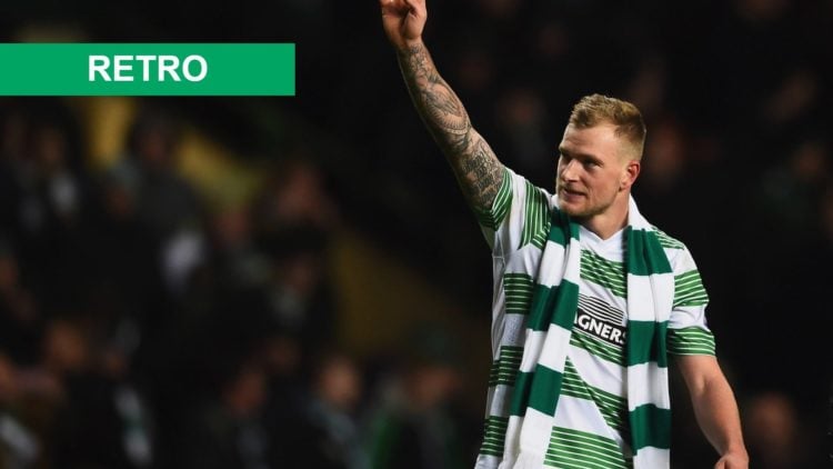 John Guidetti salutes the Celtic crowd after the game against Inter Milan in the Europa League