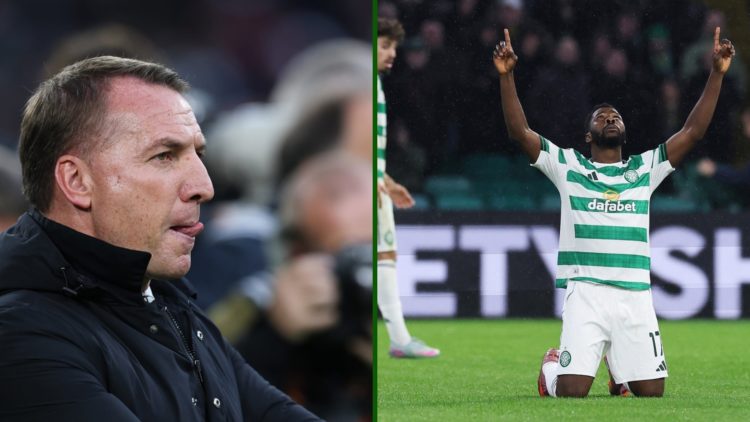 Split image of Celtic striker Kelechi Iheanacho after scoring against SC Braga and Celtic boss Brendan Rodgers looking on from the Parkhead touchline.