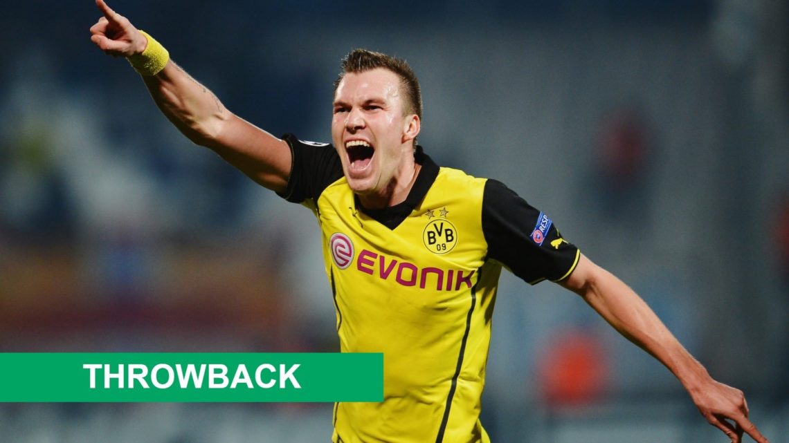 Kevin Grosskruetz celebrates his goal for Borussia Dortmund against Marseille in the Champions League