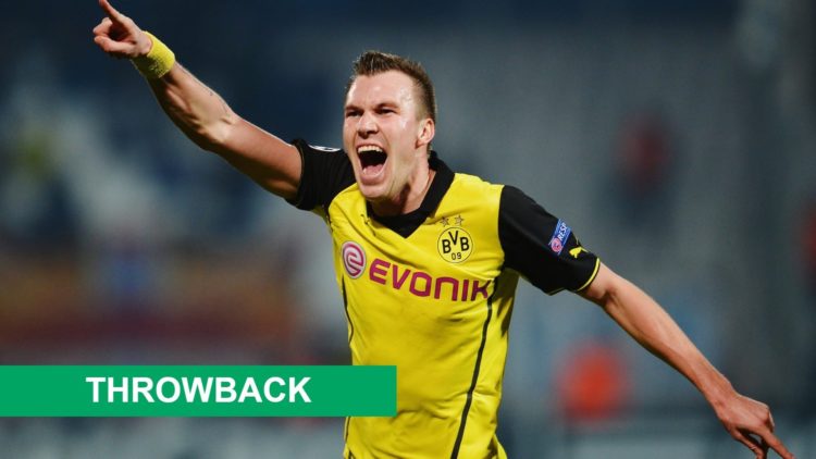 Kevin Grosskruetz celebrates his goal for Borussia Dortmund against Marseille in the Champions League