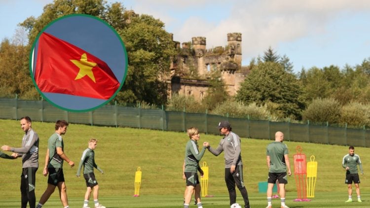 Harry Kewell and Kyogo Furuhashi embrace before a Celtic training session, an inset of the the national flag of Vietnam
