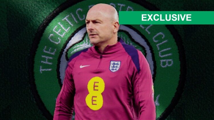 Lee Carsley watches on before England U21 vs Andorra U21 in the European U21 Championship qualifer, a detailed view of the Celtic badge