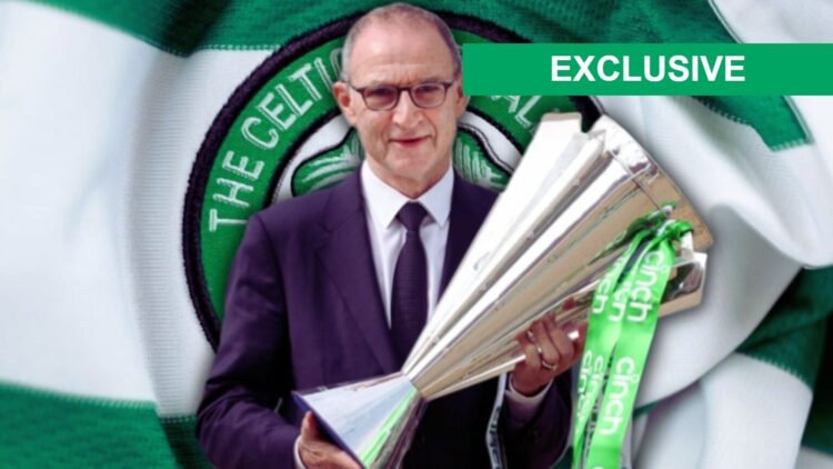 A detailed view of the Celtic badge, Martin O'Neill carries the Scottish Premiership trophy to Celtic Park