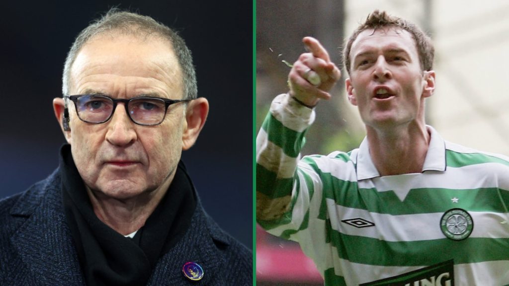 Former Celtic manager Martin O'Neill left and Chris Sutton celebrates a goal during Celtic vs Rangers right