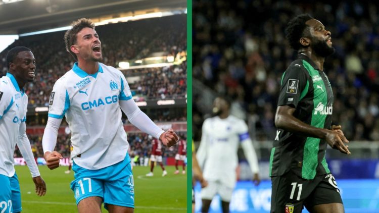 A split image of Matt O'Riley celebrates scoring against FC Metz for Olympique de Marseille in Ligue 1 McDonald's and Odsonne Edouard scoring for R...