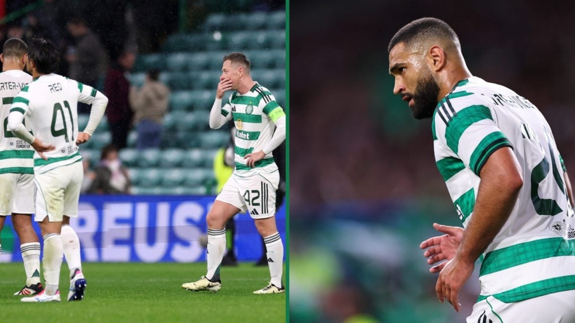 Callum McGregor looks dejected after Celtic lose to Braga in the Europa League, Cameron Carter-Vickers in action for Celtic against Kairat Almaty