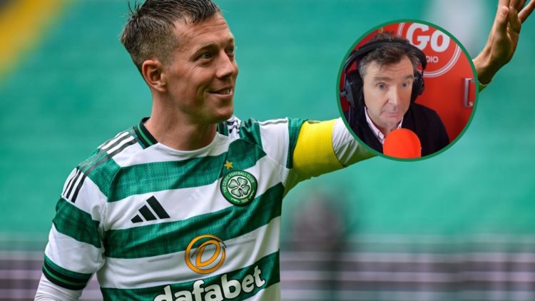 Callum McGregor waves to the Celtic fans after the pre-season friendly against Newcastle United. an inset of Peter Grant speaking as a pundit on Th...