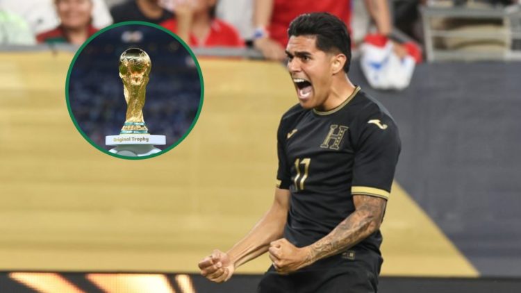 Luis Palma celebrates his goal for Honduras vs Panama in the 2025 Gold Cup quarter-final, an inset of the World Cup trophy before the 2022 final be...