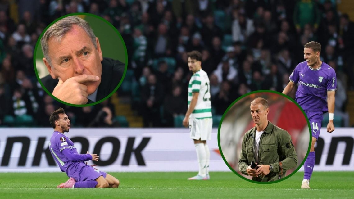Image of SC Braga players celebrating the opening goal against Celtic with an overlay of Celtic heroes Pat Bonner and Joe Hart.