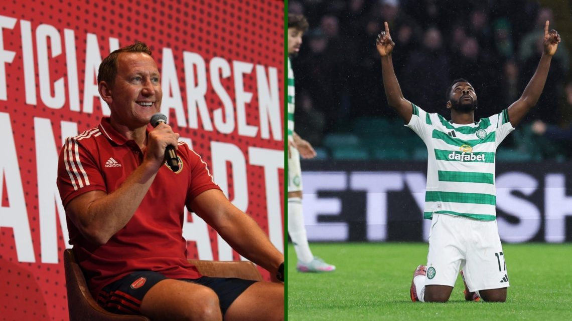 Split image of Arsenal legend Ray Parlour and Celtic striker Kelechi Iheanacho after scoring against SC Braga in the Europa League.