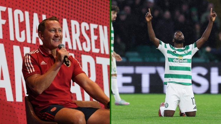 Split image of Arsenal legend Ray Parlour and Celtic striker Kelechi Iheanacho after scoring against SC Braga in the Europa League.