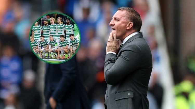 Brendan Rodgers watches his Celtic side against Rangers at Ibrox, an inset of the Celtic squad posing before the Europa League clash against Braga