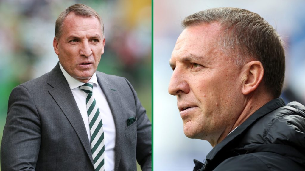 Split image of Brendan Rodgers left and right at Livingston Celtic Park clash and Ibrox for Rangers game