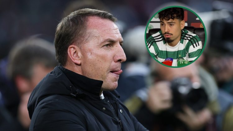 Brendan Rodgers looks frustrated during Celtic vs Braga in the Europa League, an inset of Sebastian Tounekti speaking to the media at his Celtic un...