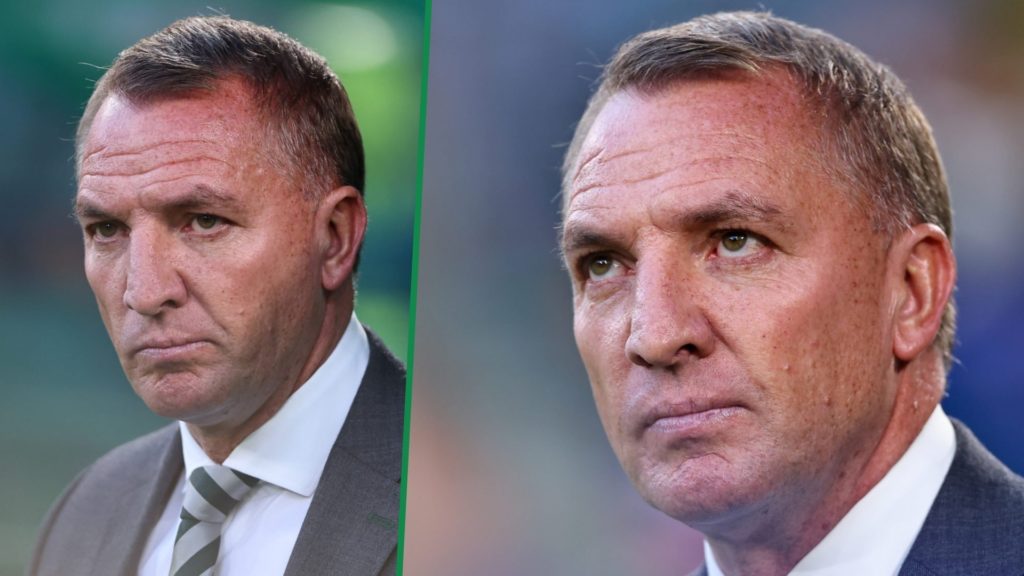 Split image of Celtic boss Brendan Rodgers left and right looking on ahead of playing Kairat Almaty at Celtic Park