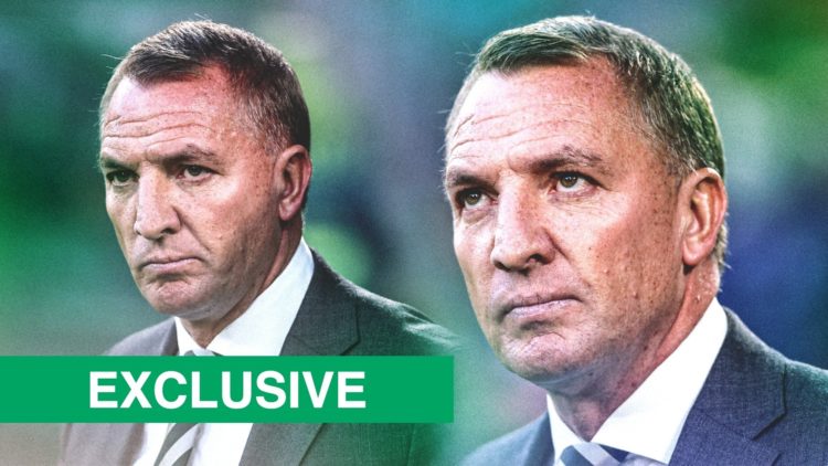 Split image of Celtic boss Brendan Rodgers left and right looking on ahead of playing Kairat Almaty at Celtic Park with exclusive label bottom left