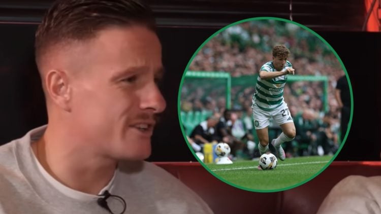 Si Ferry reacts during Open Goal podcast recording left and Celtic's Arne Engels right