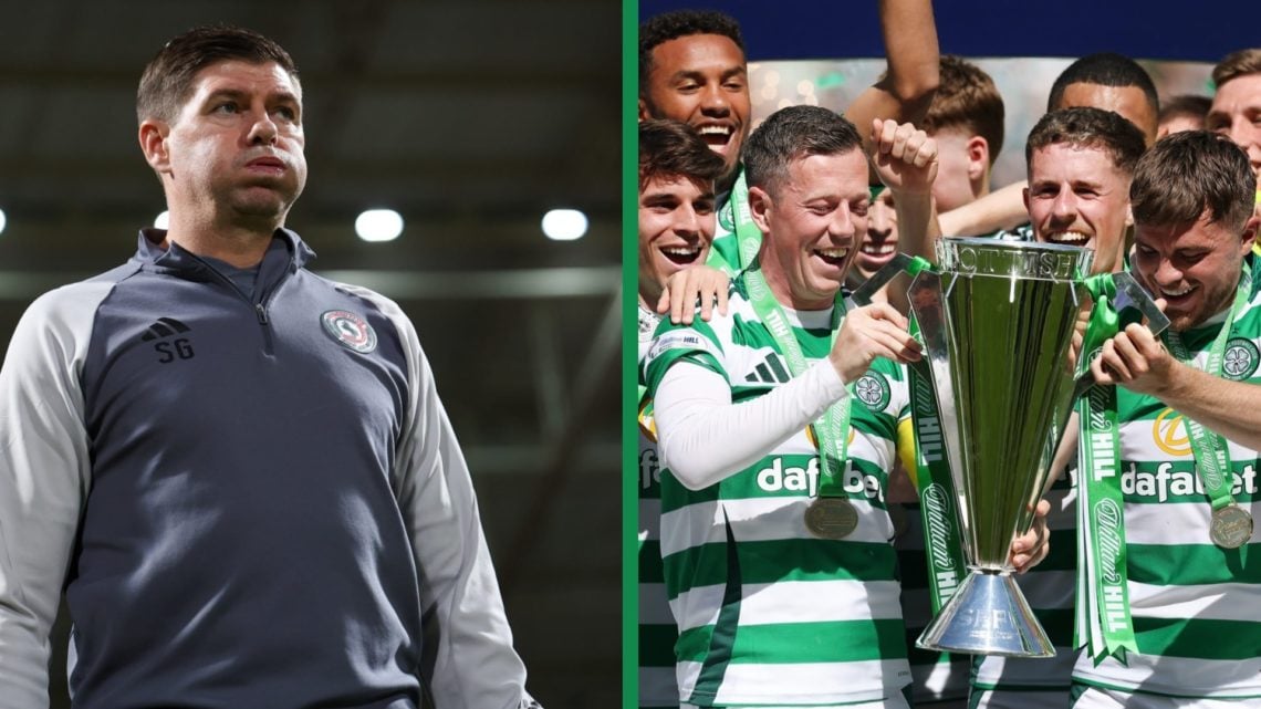 A split image of Steven Gerrard as the coach of Al Ettifaq against Al Wehda in the Saudi Pro League and Callum McGregor and James Forrest lift the ...