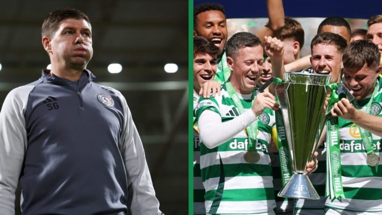 A split image of Steven Gerrard as the coach of Al Ettifaq against Al Wehda in the Saudi Pro League and Callum McGregor and James Forrest lift the ...