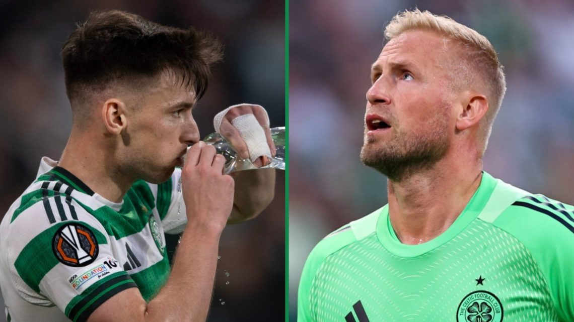 Kieran Tierney drinking water during Celtic vs Braga left and Kasper Schmeichel during Kairat Almaty clash right