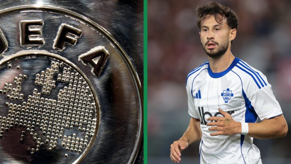 A split image of UEFA's logo and Nicolas Kuhn of Como 1907 in action against Bologna in Serie A.