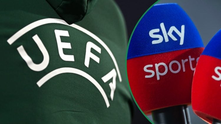 UEFA logo seen on referee's back left and Sky Sports microphones right