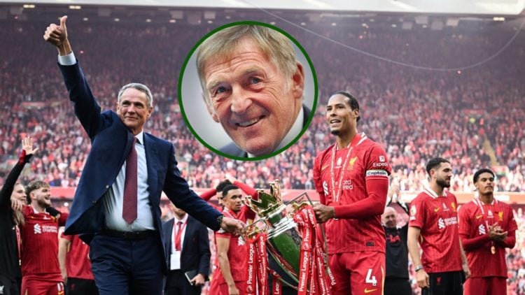 Image of Celtic hero Virgil van Dijk lifting the Premier League trophy at Liverpool with Alan Hansen with an overlay of Kenny Dlaglish.